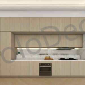 Custom light oak kitchen cabinetry with white quartz countertops and integrated linear lighting in a modern villa.