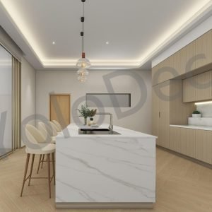 Functional laundry room design with white built-in cabinets, open shelving for baskets, and stacked washer-dryer unit.