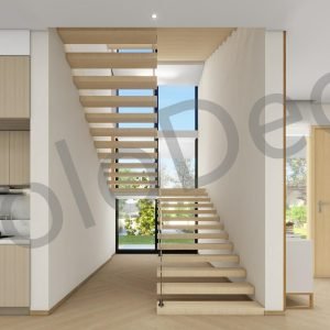 Modern floating wooden staircase with frameless glass balustrade and vertical timber feature wall connecting villa floors.