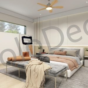 Luxury master bedroom interior design in Grindana featuring beige bedding, light wood flooring, and large windows.