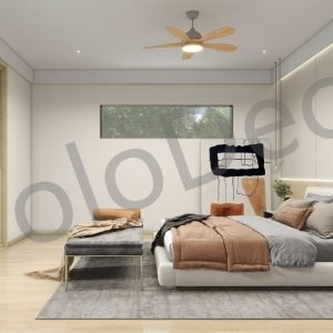 Luxury master bedroom interior design in Grindana featuring beige bedding, light wood flooring, and large windows.