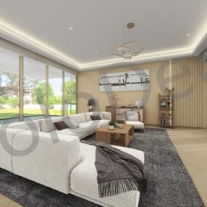 Modern minimalist living room in Grindana villa featuring a cream L-shaped sofa, light wood wall paneling, and floor-to-ceiling sliding doors. Side view