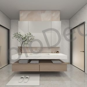 Master bathroom vanity with backlit mirror and blue scalloped feature tiles against white marble walls.