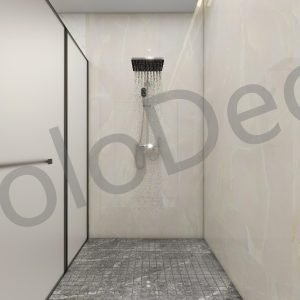 Master bathroom vanity with backlit mirror and blue scalloped feature tiles against white marble walls.