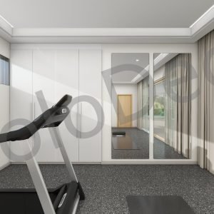 Home gym interior design in Grindana villa with treadmills, grey flooring, and full-length mirror wall.