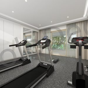 Home gym interior design in Grindana villa with treadmills, grey flooring, and full-length mirror wall.