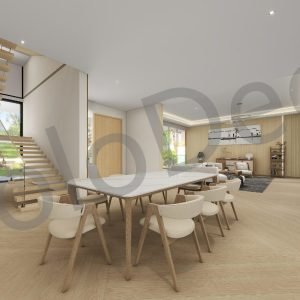 Open concept dining room design by YoloDeco featuring marble table, wooden chairs, and vertical timber slat divider.