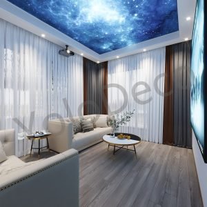 Home cinema room design with fiber-optic starry sky ceiling, projector, and comfortable cream leather seating.