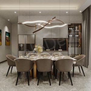 Modern luxury dining room with artistic curved lighting, beige dining chairs, and custom grey storage cabinetry with wine display.