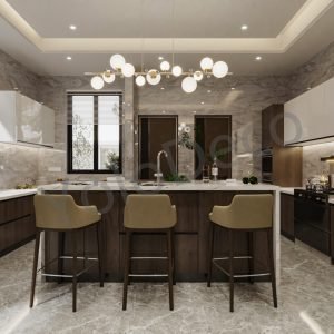 Modern luxury kitchen with large central island, bar stools, marble backsplash, and two-tone custom cabinetry by YoloDeco.