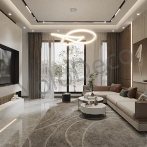Living area detail showing fluted glass door, wall-mounted TV, and white leather sofa on polished marble floor.