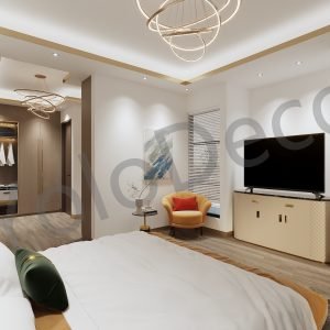 Side view of a cozy bedroom with grey wingback bed, abstract beach artwork, and custom joinery.