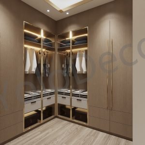 Bright bedroom design with custom white floor-to-ceiling wardrobes, dark wood door, and minimalist decor.