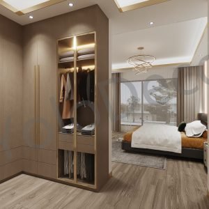 Serene bedroom setting with large window views of nature, sheer curtains, and modern furniture layout.