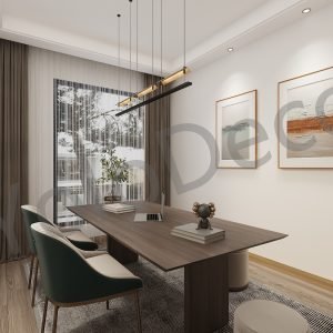 Professional home office design with long dark wood desk, green upholstered chairs, and modern linear pendant light.