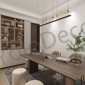 Home workspace featuring custom backlit open shelving, minimalist desk, and contemporary decor items.