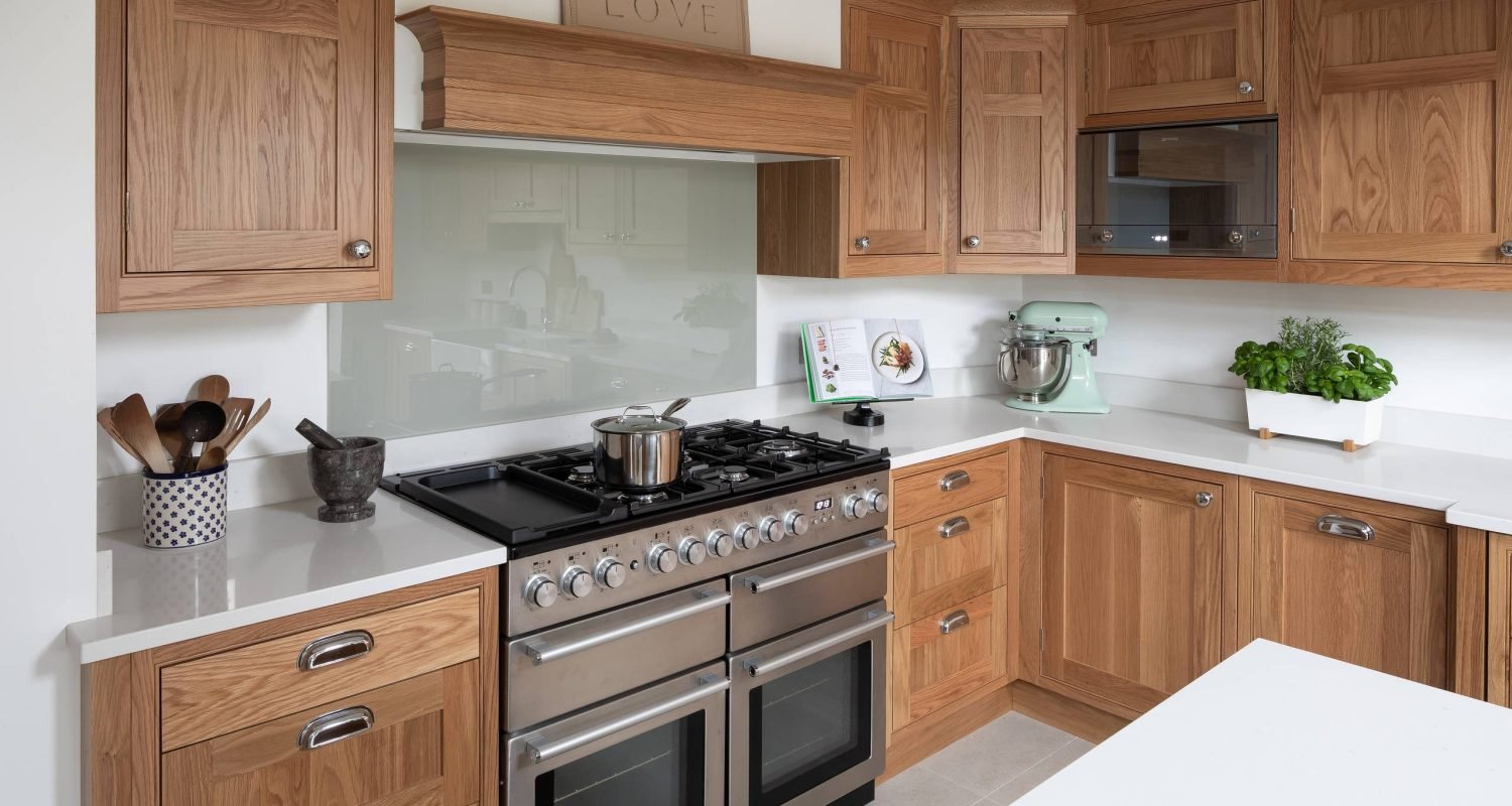 Close-up view of durable white oak cabinet doors showing fine wood grain and craftsmanship